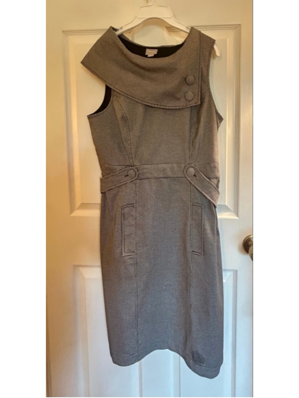 eShakti Herringbone Sheath Dress Women 14 Black White Belted Career Business